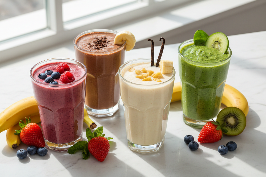 Colorful Formula 1 nutritional shakes with fresh fruits including berries, bananas, and healthy ingredients for shake recipes