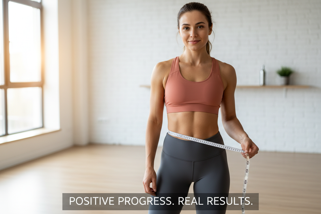 Woman with measuring tape representing healthy weight loss journey