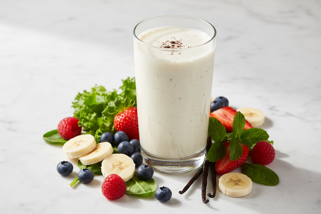 Vanilla Formula 1 Nutritional Shake with fresh berries, banana, and healthy ingredients for weight management and nutrition