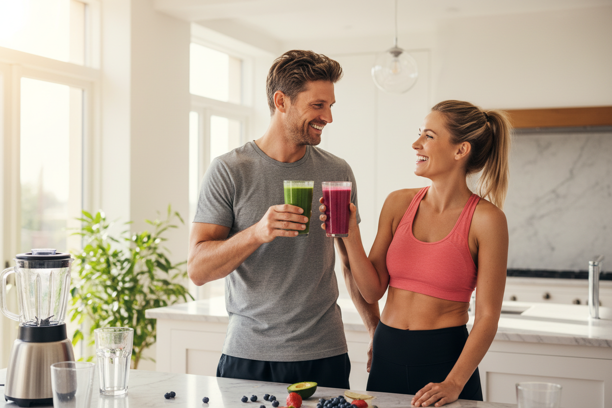 Fit couple enjoying shakes